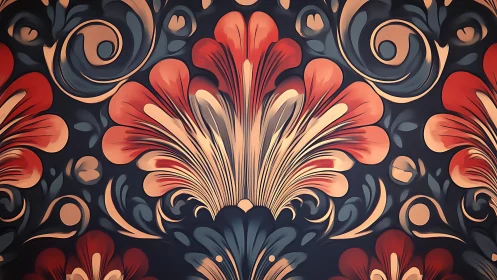 Floral arabesque pattern radiates bold red and teal curves.
