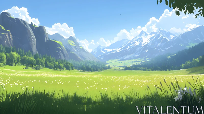 Sunlit mountain meadow opening into a peaceful green valley.