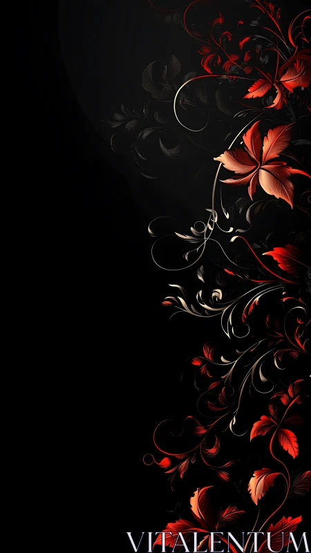 Ornamental Red Flowers with Baroque Scrollwork on Black.