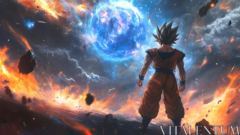 Saiyan warrior facing cosmic energy sphere in ruins.
