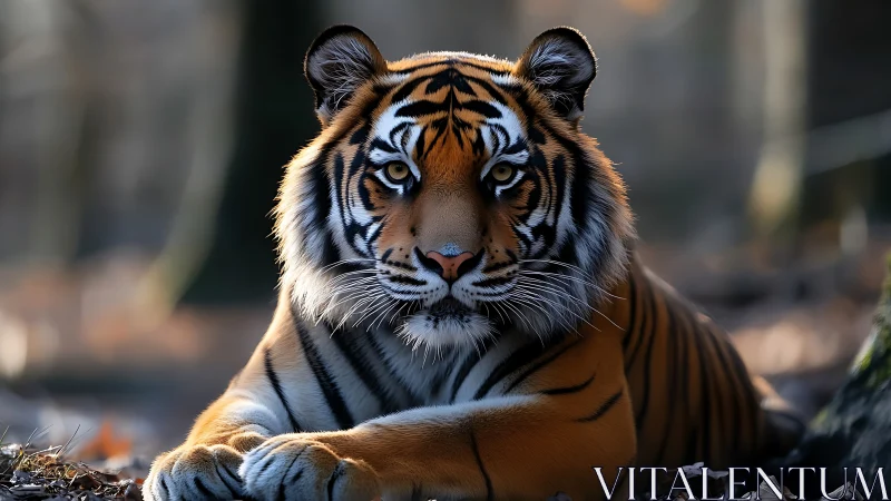 Regal tiger portrait in shallow depth-of-field woodland light.