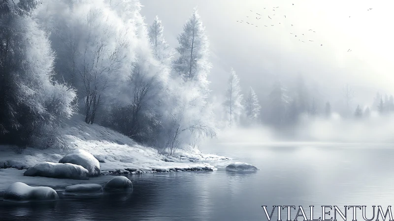 Gentle winter river cradled by frosted forest stillness.