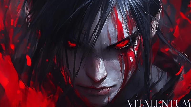 Fierce crimson‑eyed warrior gazes forward with dark resolve