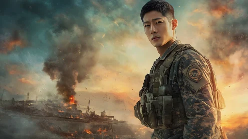 Photorealistic war portrait with burning coastal battlefield backdrop.