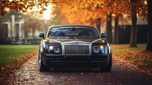 Luxury sedan framed by autumn foliage on cobblestone driveway