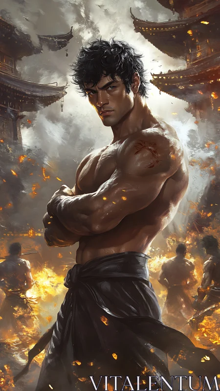 Warrior stands unshaken amid temple flames and rising smoke