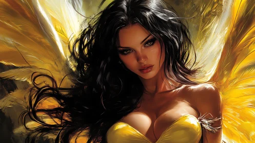 Radiant winged woman rests in golden light with gentle fire