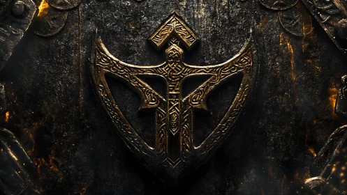 Ancient golden battle emblem glows against charred metal