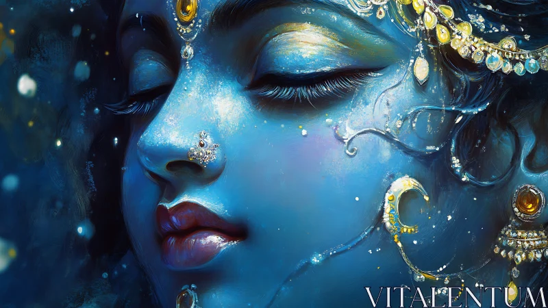 Divine blue visage rests in jeweled celestial serenity.