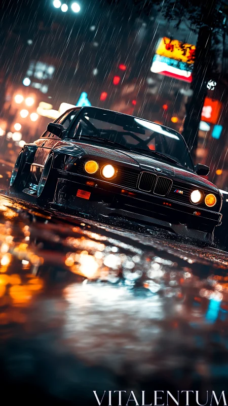 Neon soaked city street lets a classic BMW glow in the rain