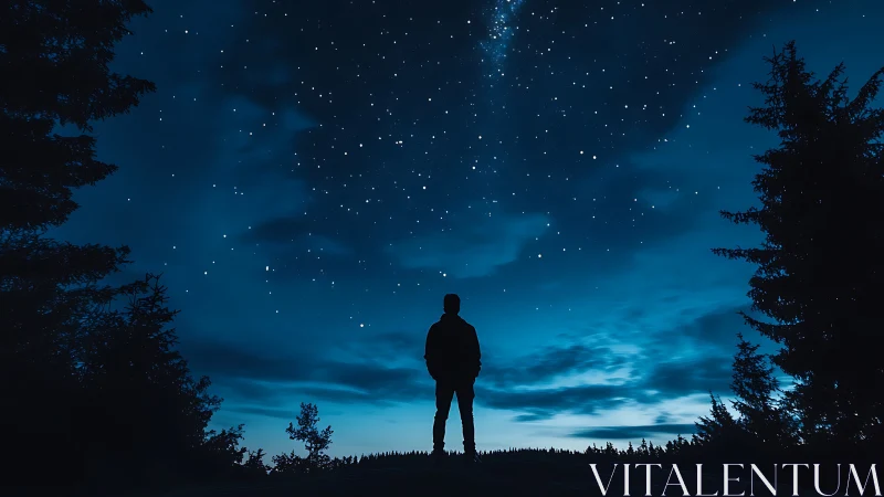 Lone stargazer stands beneath a deep blue, dreamlike night sky