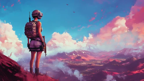 VR scout surveys neon dusk mountains in dreamy silence.