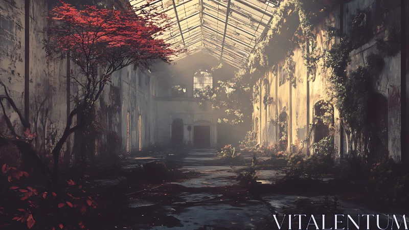 Post-industrial greenhouse nave reclaimed by spectral foliage.