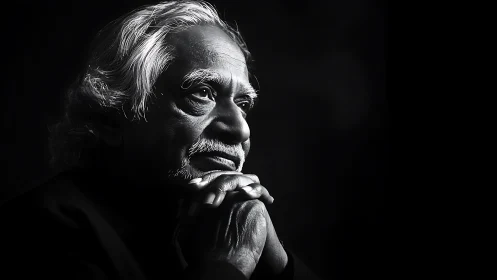 Elderly man in black and white portrait with thoughtful gaze.