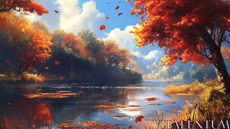 Digital painting of autumn riverbank with luminous foliage.