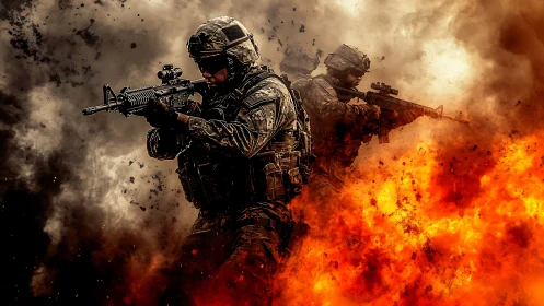 Soldiers advance through explosion with rifles raised in combat