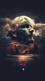 Moonlit stone visage over fiery autumn lake dreamscape.