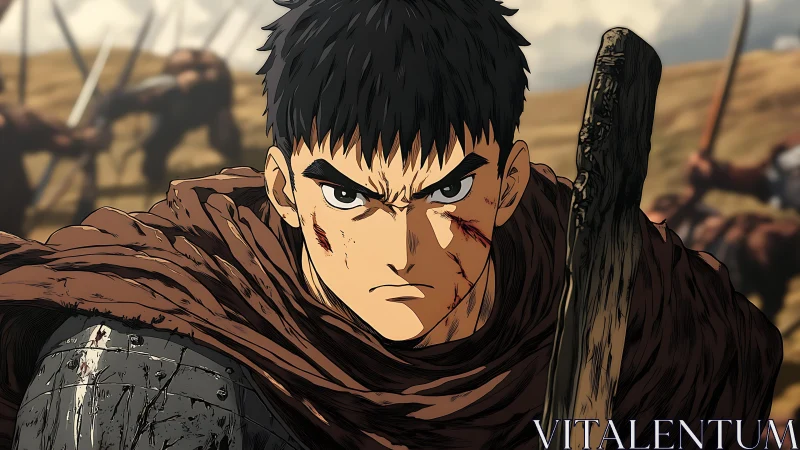 Battleworn anime warrior in cloak with scarred face closeup