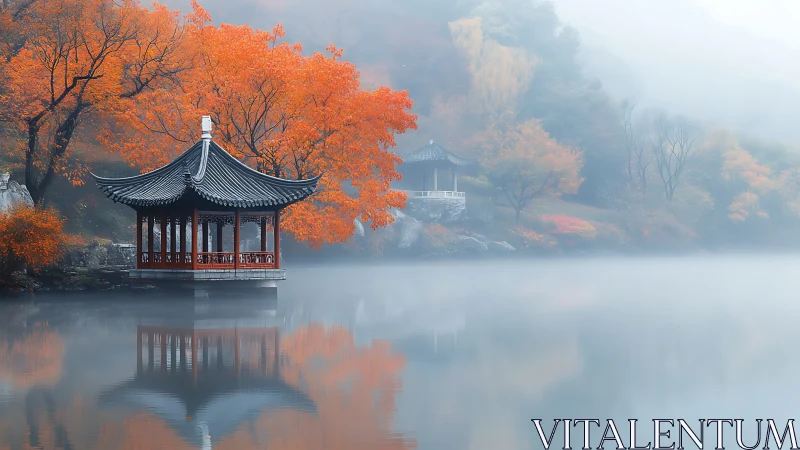 Lakeside pagoda mirrored in misty autumn stillness.