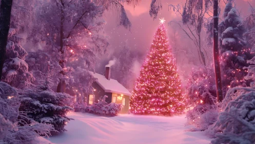 Cozy winter cabin by a glowing pink Christmas tree at dusk.