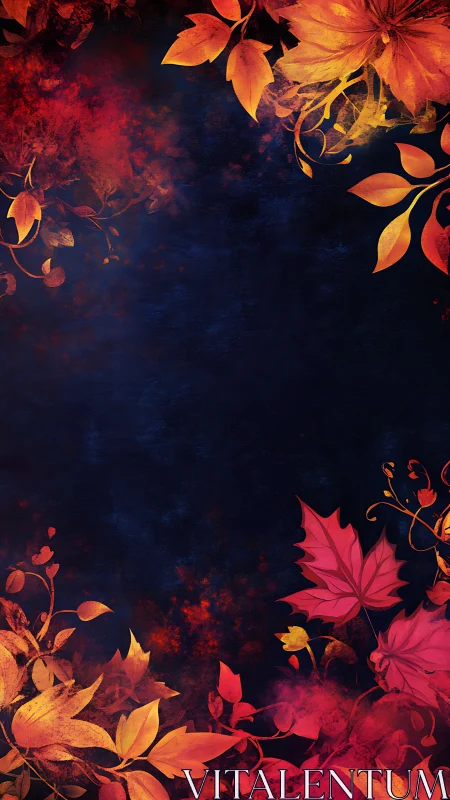 Deep navy background framed by warm autumn foliage.