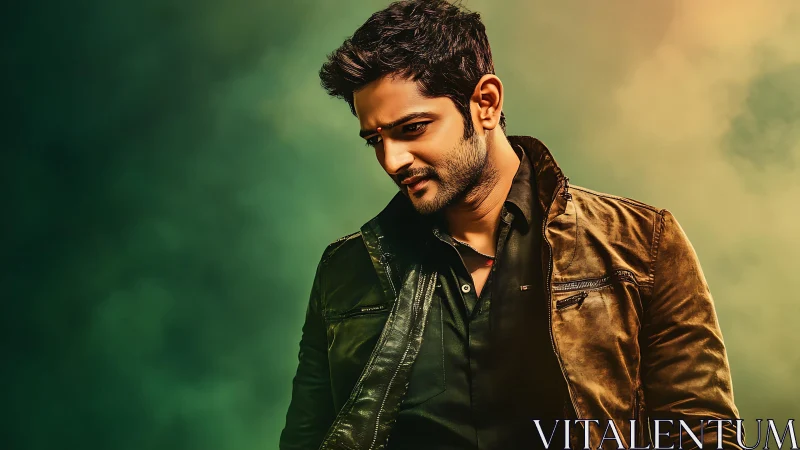 Warmly confident man in leather jacket against soft haze.