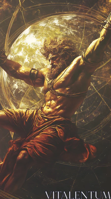 Solar titan straining against celestial golden machinery.