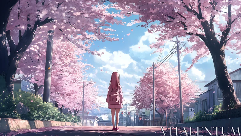 Schoolgirl drifting under cherry blossom skies of spring.