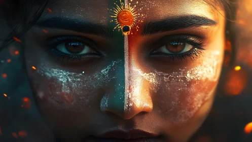 Solar-marked gaze of a firelit mystic warrior in close-up.