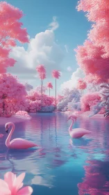 Infrared chromatic lagoon with mirrored flamingo biogeometry.