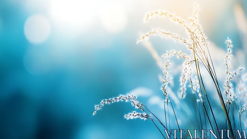 Backlit wild grass stalks against cool bokeh gradient background