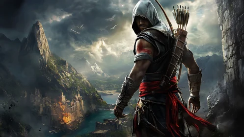 Hooded archer overlooks burning coastal fortress valley