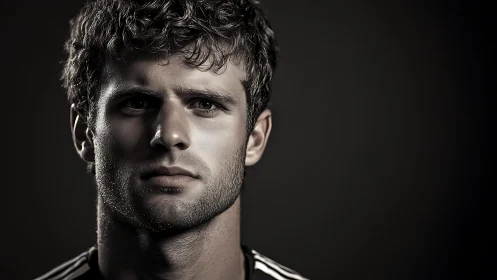 Brooding athletic portrait carved in chiaroscuro light.