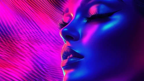 Futuristic Woman’s Face in Neon Lights, Digital Art Portrait.