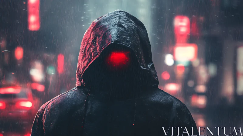Hooded figure with red glowing face stalks neon city street