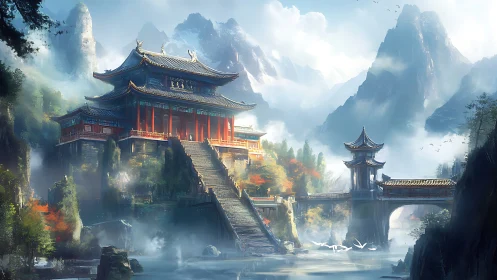 Mist-crowned mountain temple glows above whispering river valley.