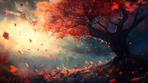 Autumn maple under volumetric backlight and dynamic leaf motion field