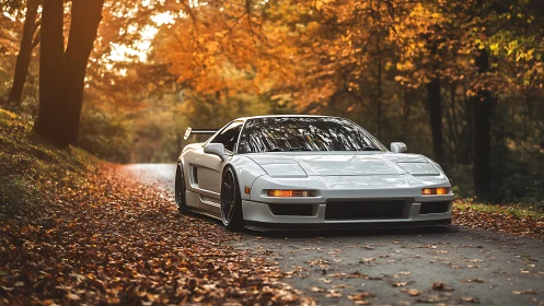 White sports car on quiet forest road in autumn light.