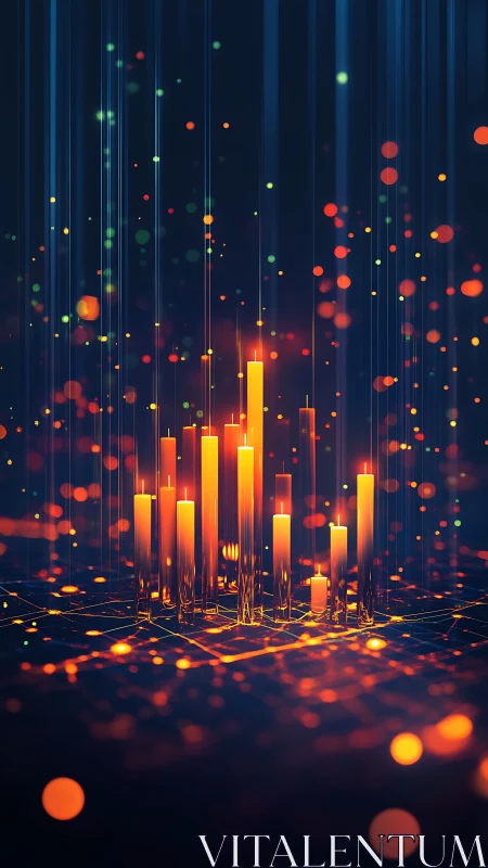 Glowing data candles rise in a vibrant digital nightscape