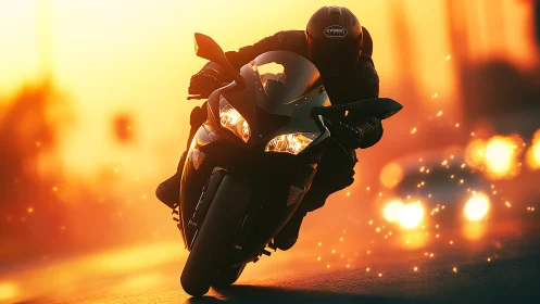 Sport motorcycle rider leaning into turn at sunset.