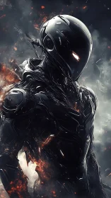 Armored cybernetic entity emerges from embers in high contrast