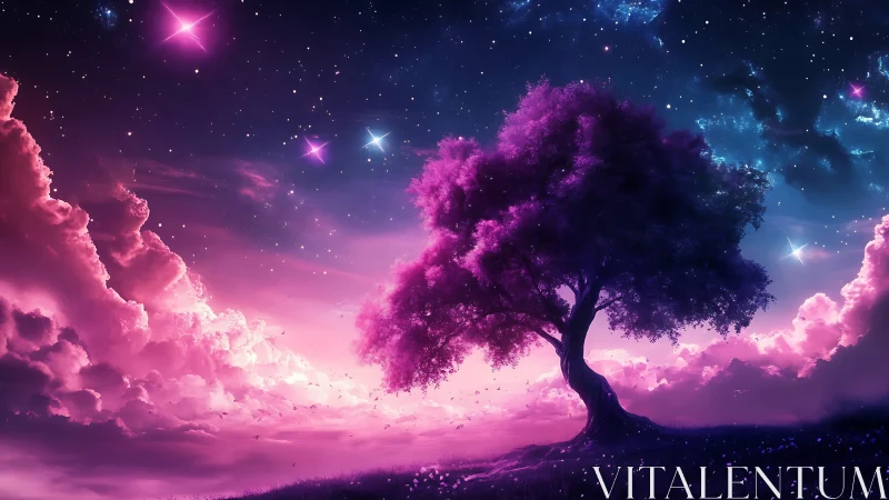 Solitary luminous tree under magenta and blue night sky.