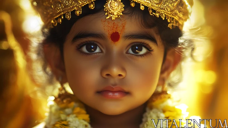 Child goddess portrait under ornate golden crown glow.