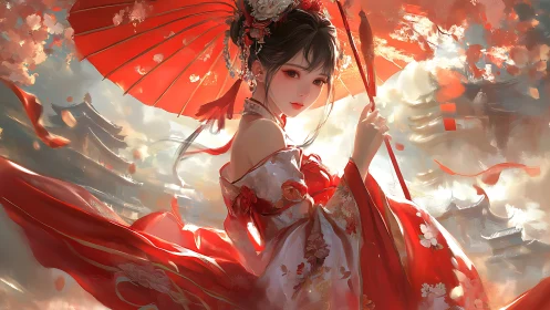 Crimson parasol maiden in flowing hanfu amid temple clouds.