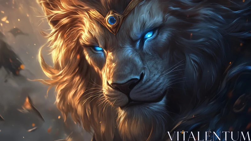 Crowned starlight lion peers through embers and swirling dusk