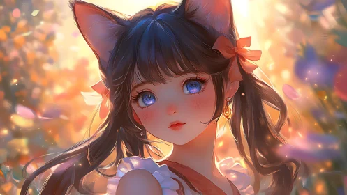 Cat-eared girl in glowing garden light with gentle gaze.