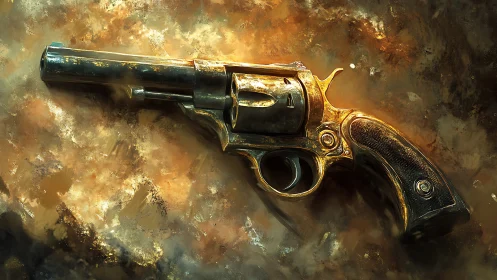 Weathered golden revolver resting in swirling painterly light.