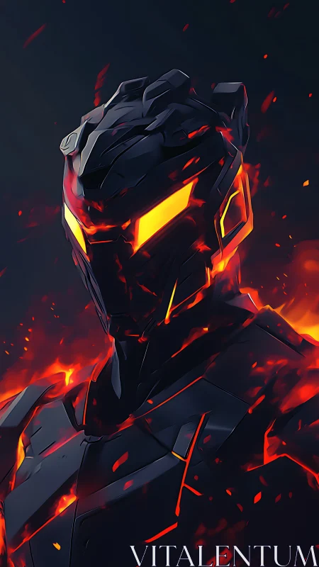 Volcanic-lit armored android portrait with emissive visor and slag vents