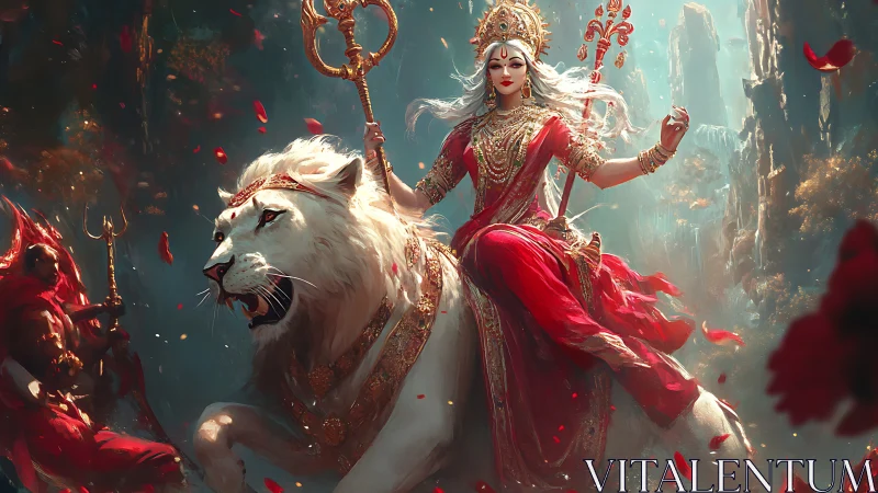 Mythic female figure on white lion in ornate mountain scene.