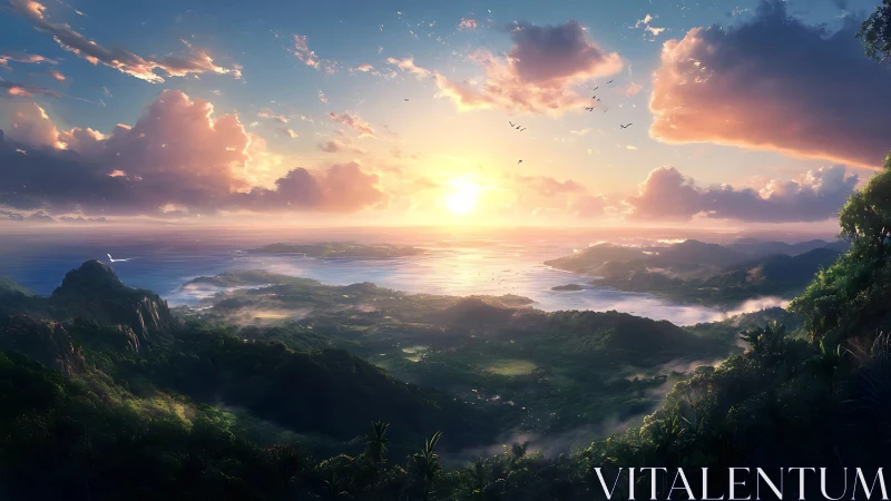 Sunlit coastal archipelago viewed from forested highlands.